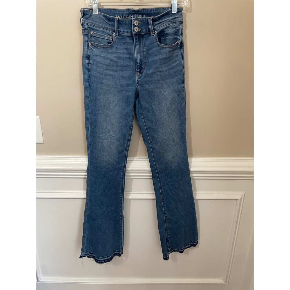 American Eagle Hi-Rise Artist Flare Jeans Raw Hem Size 10 Long Blue Stretch